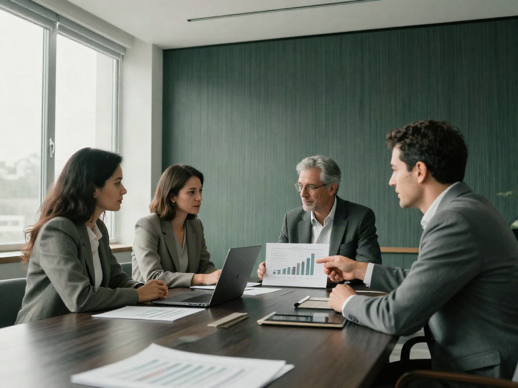 A consulting team examining performance charts together in a focused business review
